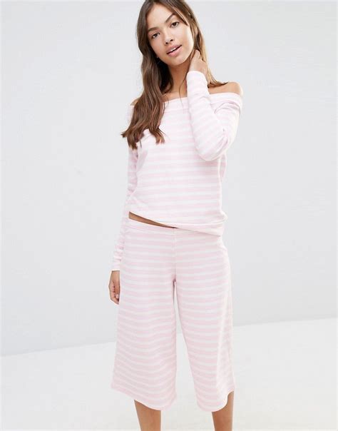 Boohoo Candy Stripe Bardot And Culotte Pyjama Set At Pajamas