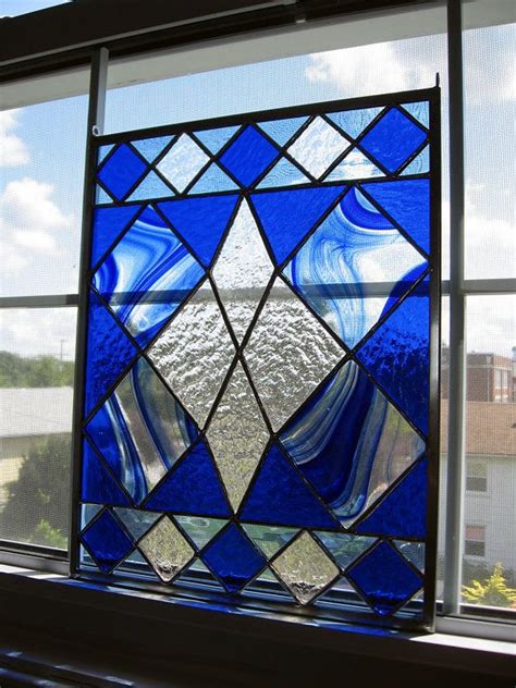 Blue And Clear Diamond Geometric Stained By Stainedglassyourway 90 00 Vidrieras Vitrales