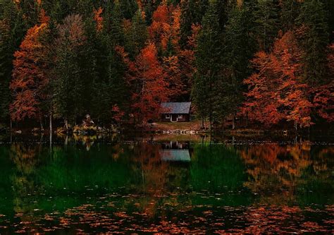 Autumn Fall Cottage House Hut Cabin Lake Water Reflections