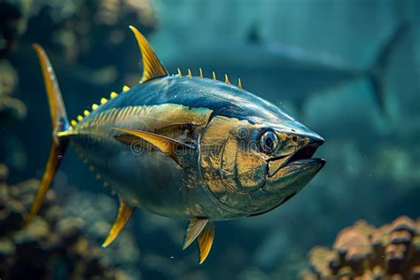 Vibrant Yellowfin Tuna Swimming Gracefully in a Clear Blue Ocean Aquatic Habitat Stock ...