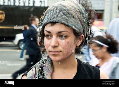 pretty young girl wearing headscarf with beautiful eyes & acne scars in Union Square 14th Street ...