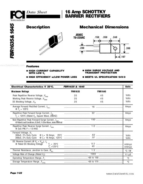 FBR1645 First Components International RECTIFIERS Hoja De Datos Ficha