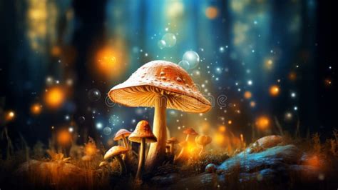 Enchanted Glowing Mushroom In Wizard Forest Setting With Magical