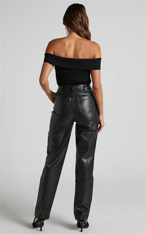 Dilyene Pants Mid Waist Straight Leg Faux Leather Pants In Black