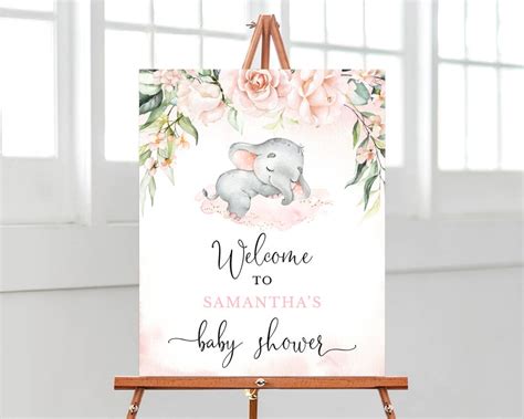 Editable Blush Girl Elephant Baby Shower Welcome Sign Pink Etsy