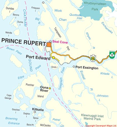 British Columbia Maps, Yellowhead Hwy 16, Prince Rupert to Port Edward