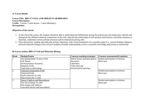 Course Outline Bio1 17 A Course Details Course Title Bio 117 Cell