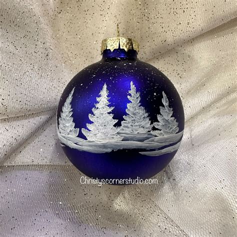 Indigo Hand Painted Glass Christmas Ornament Winter White Pines