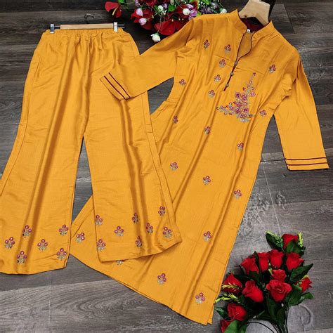 Mustard Yellow Casual Wear Floral Embroidered Silk Two Tone Palazzo Suit