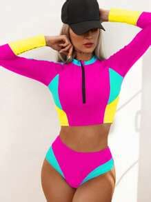 Shein Swim Sprty Colorblock Zipper Front High Neck Bikini Swimsuit Shein Usa