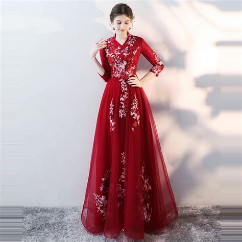 Высокий воротник три четверти рукава вышивка молния вечерние женские ...