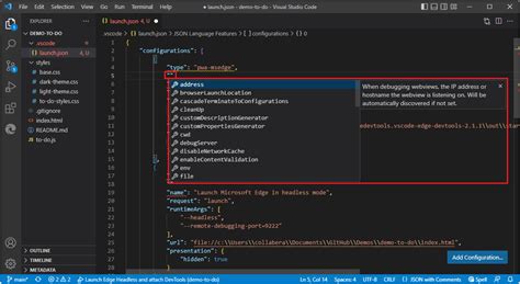 El archivo launch json de la extensión DevTools Microsoft Edge