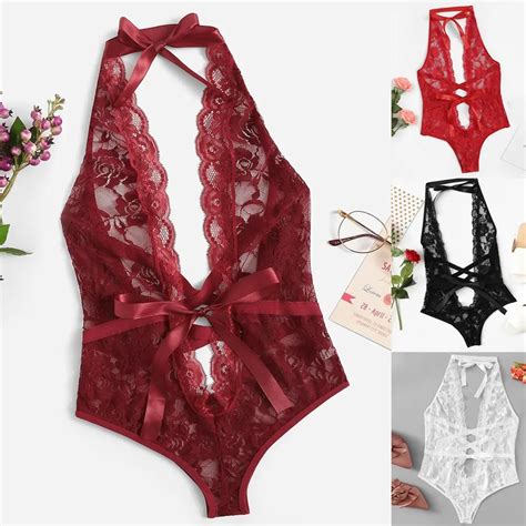 Femmes Sexy Lingerie Dos Nu Croix Dentelle Florale Une Pièce Corset