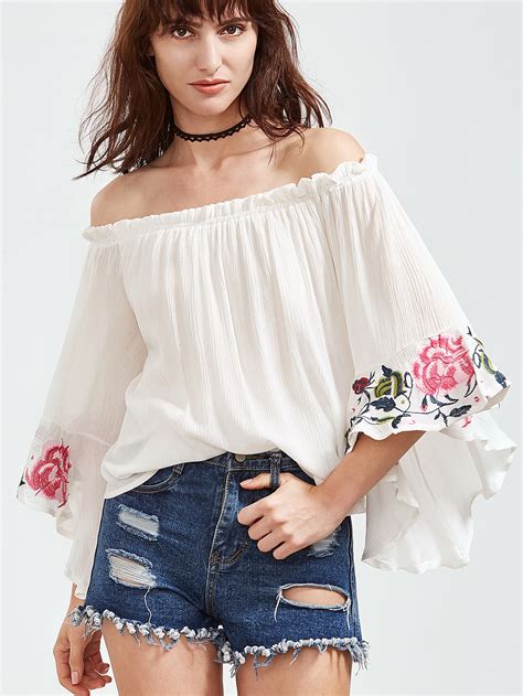 Off The Shoulder Bell Sleeve Embroidered Blouse Shein Sheinside