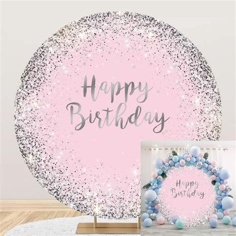 OERJU 6 5x6 5ft Pink Silver Glitter Birthday Round Backdrop Luxurious