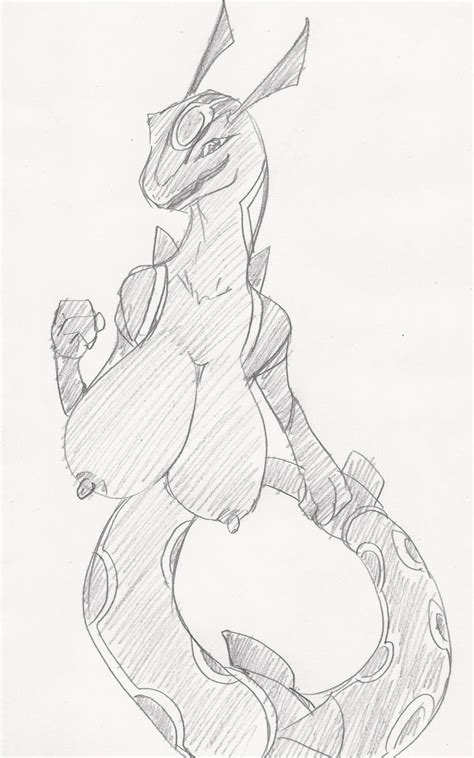 Rule 34 Breasts Female Female Only Front View Monochrome Nipples Pokemon Rayquaza Sketch Solo