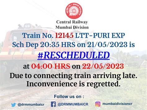 Central Railway On Twitter RT Drmmumbaicr Reschedule Alert Train