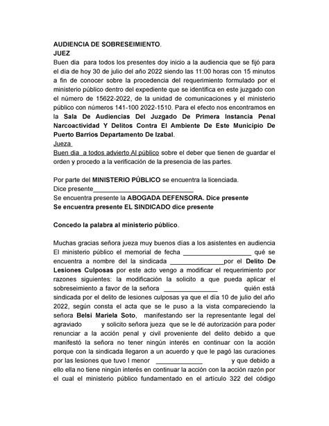 Audiencia De Sobreseimiento Nueva Audiencia De Sobreseimiento Juez Buen Dia Para Todos Los