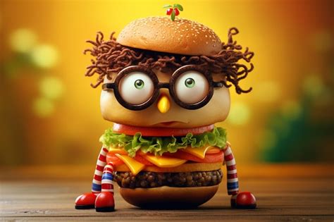 Una Hamburguesa De Dibujos Animados Con Una Cara Y Gafas Foto Premium