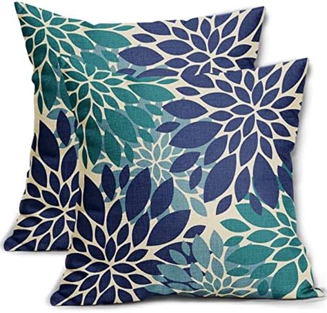 Navy Blue Teal Pillow Covers 18x18 Inch Set Of 2 Summer Dahlia Print Throw Pillows