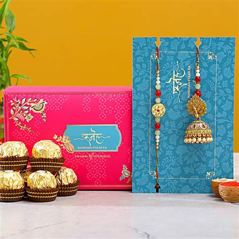 Dancing Peacock Jhumki Lumba Rakhi Set With Pcs Ferrero Rocher