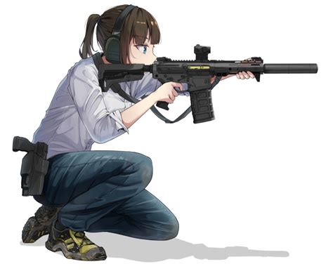 Safebooru 1girl Aiming Ar 15 Assault Rifle Bangs Blue Eyes Brown Hair