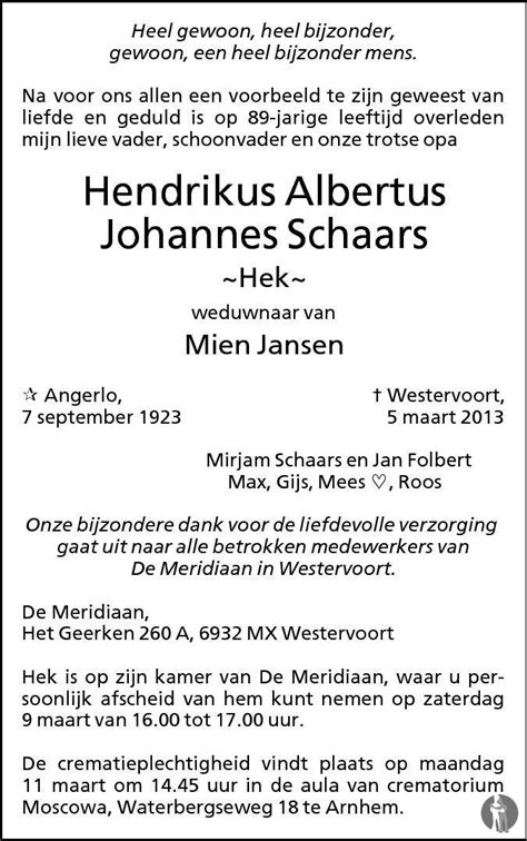 Hendrikus Albertus Johannes Hek Schaars 05 03 2013 Overlijdensbericht