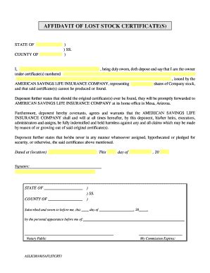 Fillable Online Affidavit Of Lost Stock Certificate S Form American