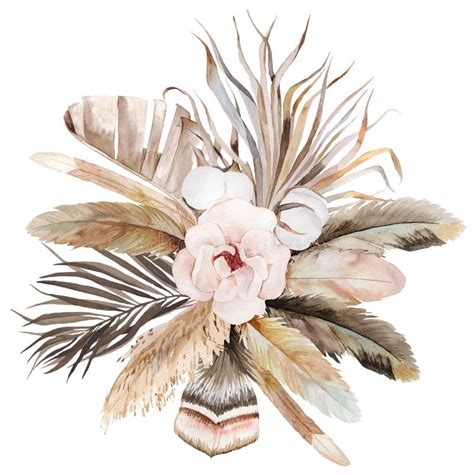 Watercolor Bohemian Bouquet With Feathers Dried Leaves And Tropical