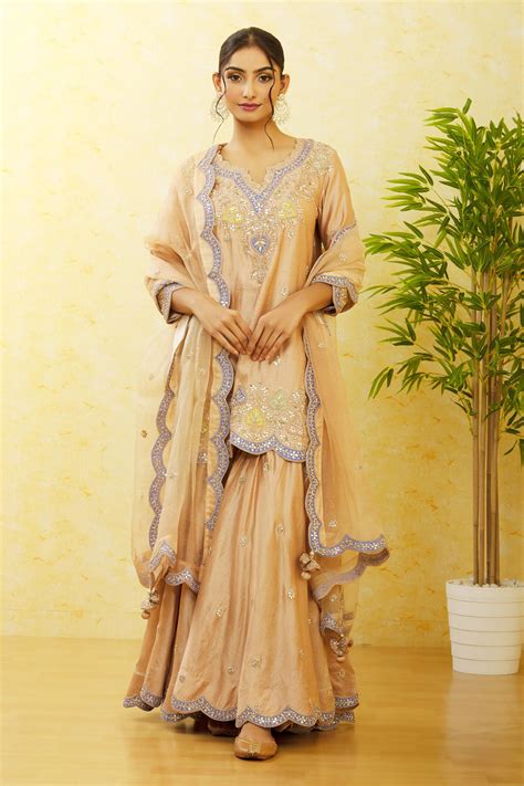 Buy Surbhi Shah Beige Pure Spun Silk Floral And Mirror Embroidered