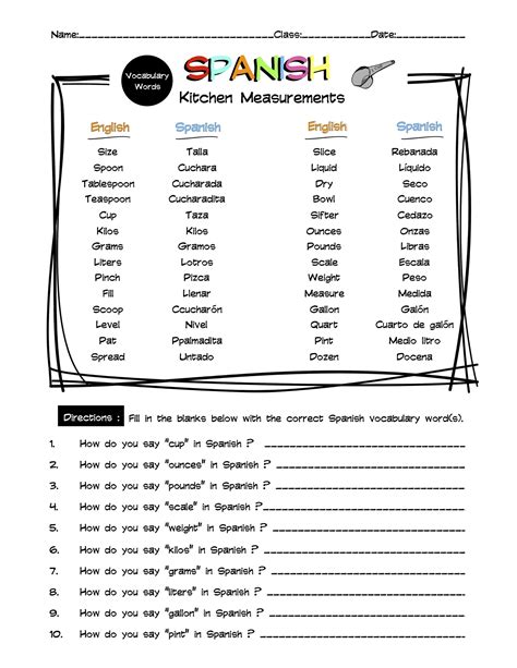 Spanish Kitchen Measurements Vocabulary Word List Worksheet