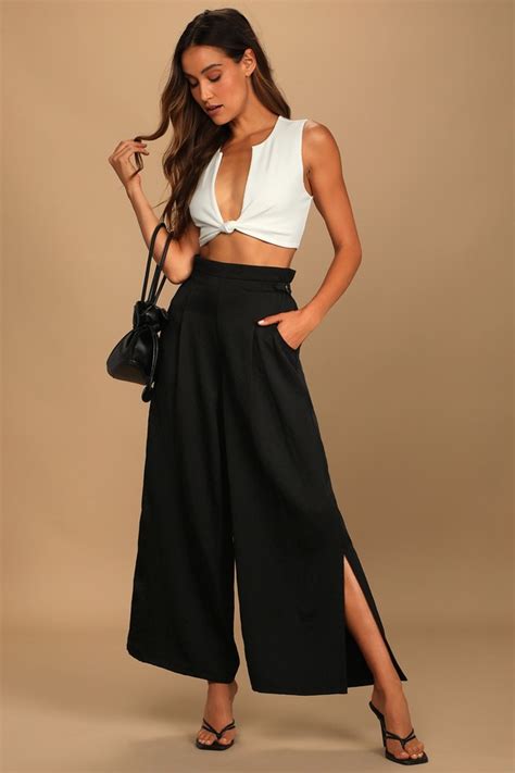 Black Wide Leg Pants Slit Leg Pants High Waisted Pants Lulus