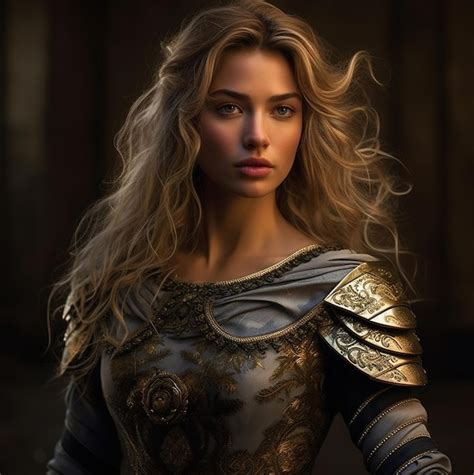 Premium AI Image A Woman With Blonde Hair Wearing A Gold And Black Dress With A Gold Design On