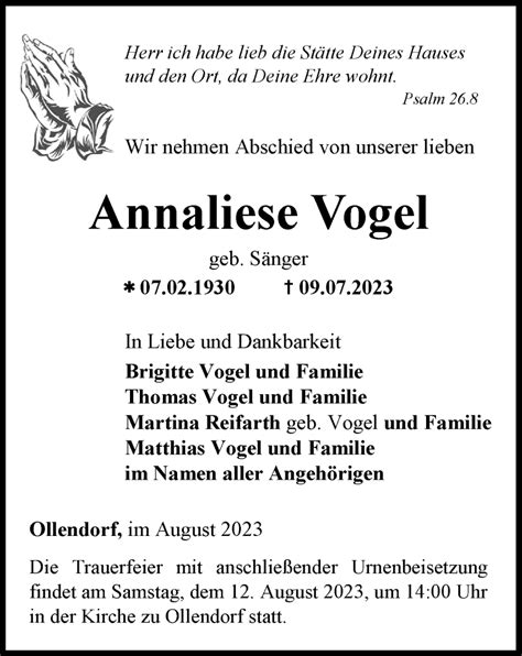 Traueranzeigen Von Annaliese Vogel Trauer In Thueringen De