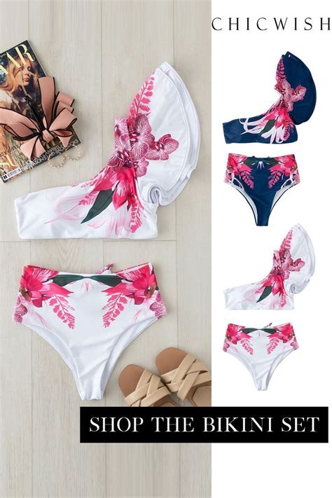 Pinky Floral Ruffle One Shoulder Bikini Set In White In 2022 One