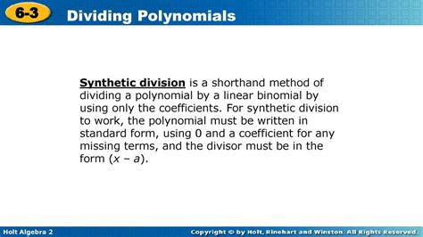 Dividing Polynomials 6 3 Warm Up Lesson Presentation Lesson Quiz Ppt