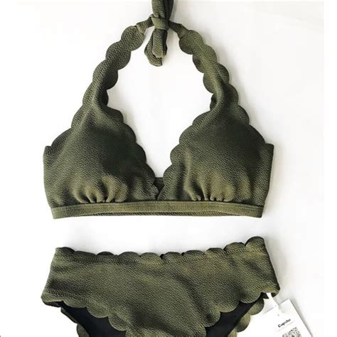 Cupshe Swim Nwt Cupshe Olive Green Scalloped Halter Bikini Poshmark