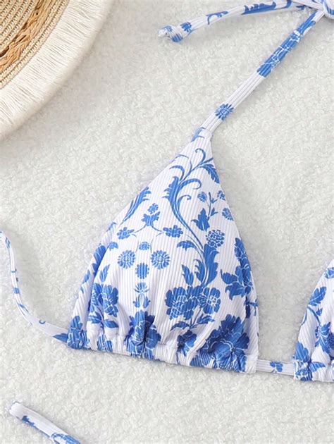 Shein Swim Women S Summer Beach Floral Print Halter Neck Tie Sexy Bikini Set With Random Print