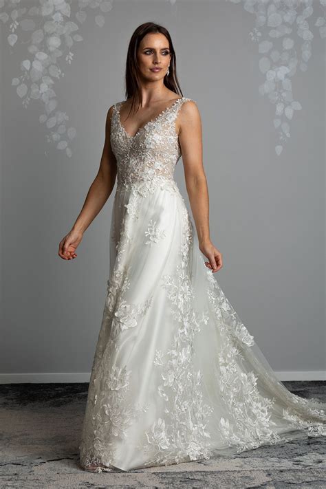 Delta Vinka Design Sheer Embroidered Lace Wedding Gown