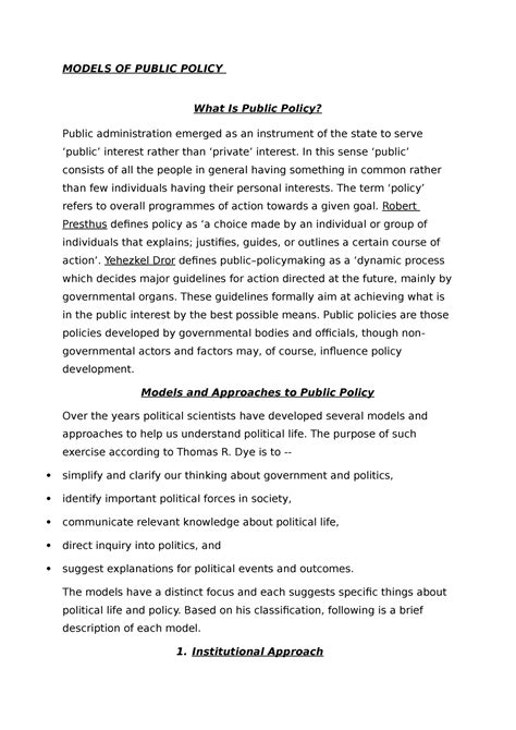 Models Of Public Policy Models Of Public Policy What Is Public Policy