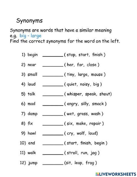 Synonym Worksheet Multiplication Facts Worksheets St Grade