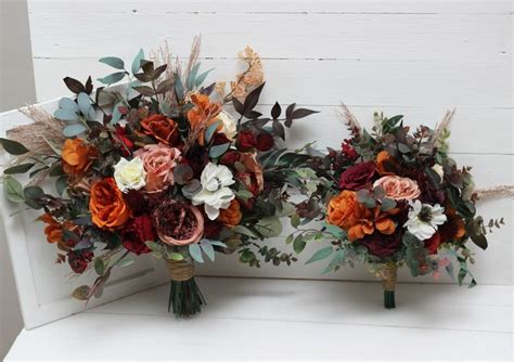 Burgundy Rust Ivory Cinnamon Flowers Bridal Bouquet Faux Bouquet Fall