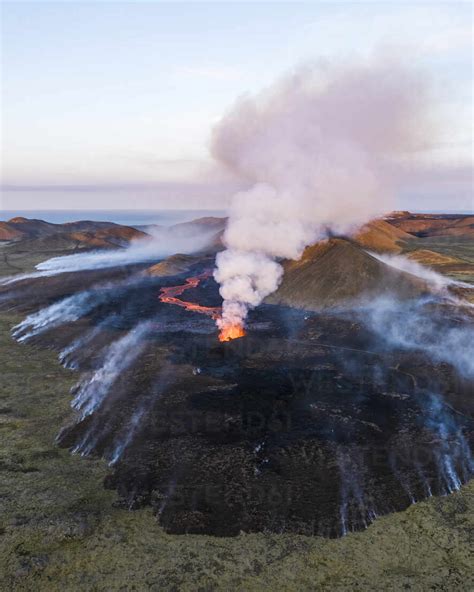 Aerial View Of Litli Hrutur Little Ram Volcano During An Eruption On Fagradalsfjall Volcanic