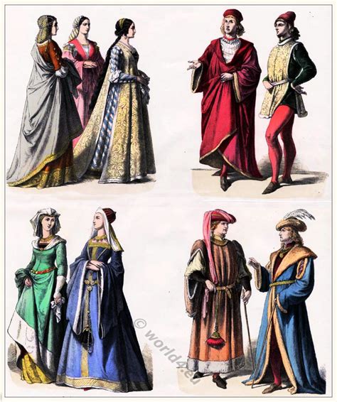 Medieval nobilty fashion in 1450, 15th century. | Costume History