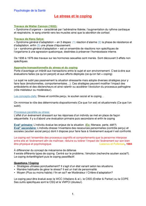 Psychologie de la Santé Le stress et le coping Fiche Psychologie de