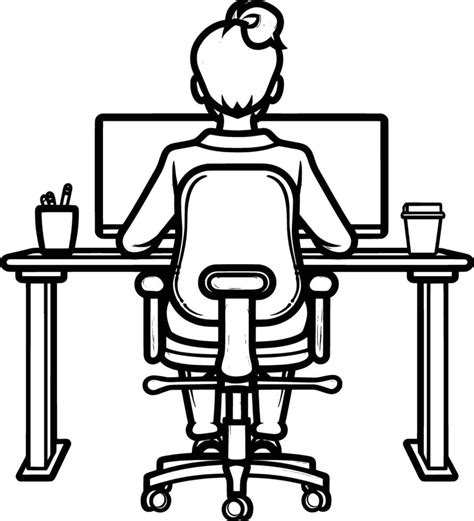 Person sitting at their desk with good posture, line art icon on white ...