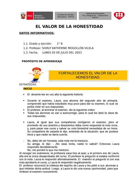 Sesión DE Tutoría Lunes 3 DE JUl IO EL Valor DE LA Honestidad EL