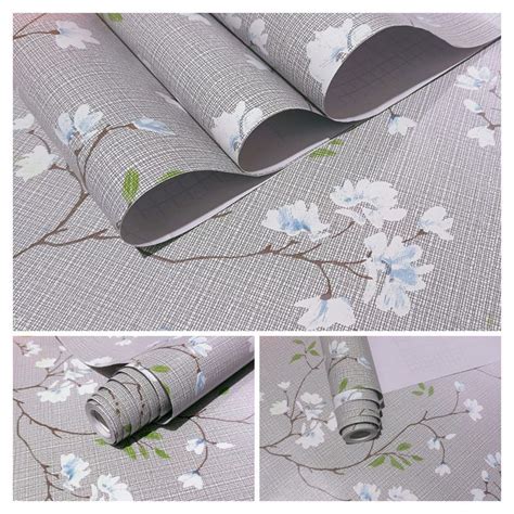 Jual Wallpaper Dinding Bunga Sakura Dasar Abu Abu Bunga Putih Biru