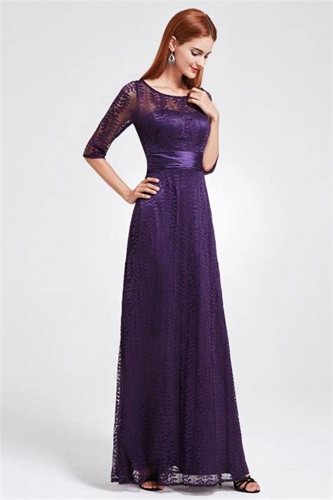 Dark Purple Lace Half Sleeve Long Prom Party Dress Elegant Bridesmaid Dresses Purple