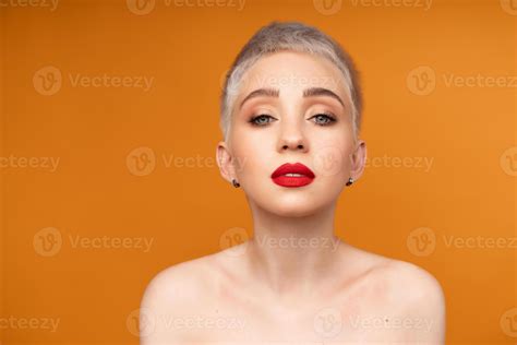 Fashion Portrait Woman With Short Hair Red Lips And Naked Shoulders